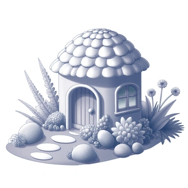 A fairy house crafted entirely from shells is nestled in a garden. The house features a domed roof made of various shell sizes and types, creating an intricate texture. The entrance is adorned with a small, arched door flanked by two shell windows. Surrounding the house are lush green plants, with flowers blooming in a variety of shapes. The garden includes winding pathways made of smooth stones leading up to the house, while delicate ferns and grasses create a natural border. Sunlight filters through the leaves, casting dappled shadows on the ground.