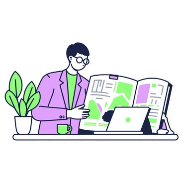 A client is seated at a modern desk, flipping through a portfolio filled with various past projects. The portfolio is open to a vibrant page showcasing a large graphic design project, featuring a mixture of designs with bold shapes and patterns. To the left, there is a potted plant adding a touch of nature to the workspace. The client is wearing a business casual outfit, consisting of a tailored blazer and glasses, focused on the contents of the portfolio. A laptop sits closed on the desk, and a coffee mug rests beside it. The lighting in the scene is bright, highlighting the details of the portfolio.