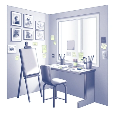 A bright, organized artist's workspace filled with various art supplies. The walls are adorned with a collection of themed illustrations, each framed and prominently displayed. An easel stands in the corner, holding an unfinished canvas, while a table is cluttered with brushes, paints, and sketchbooks. Sticky notes in various shapes and sizes are plastered around the workspace, each containing handwritten feedback from a themed critique session. A comfortable chair is positioned near the table, inviting creativity and inspiration. Natural light streams in through a nearby window, illuminating the space.