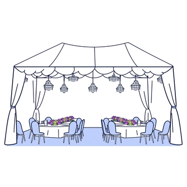 An elegant wedding reception is set beneath a large white tent. The tent features flowing white drapes that create a soft, romantic atmosphere. Hanging from the ceiling are several sparkling chandeliers, each adorned with crystals that catch the light. Tables are neatly arranged with white tablecloths and centerpieces made of fresh flowers in pastel colors. Chairs are covered with matching fabric, adding to the overall elegance of the scene. Soft, diffused lighting enhances the ambiance, creating a warm and inviting space for guests.