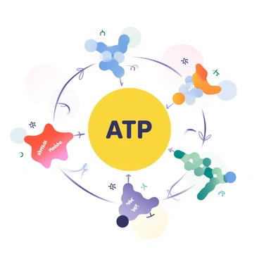 A vibrant scene shows a representation of ATP, depicted as a bright yellow molecule, at the center activating various enzymes in a metabolic pathway. Surrounding ATP are several enzyme shapes, each distinct in color: a red hexokinase, a blue dehydrogenase, and a green synthase. Connection lines in various shades of purple and orange illustrate the interactions between ATP and the enzymes. Additionally, small animated arrows indicate the flow of energy and transformation, enhancing the dynamic nature of the scene. The background features a gradient of soft colors that transitions from light blue at the top to pale pink at the bottom, creating a visually appealing atmosphere.