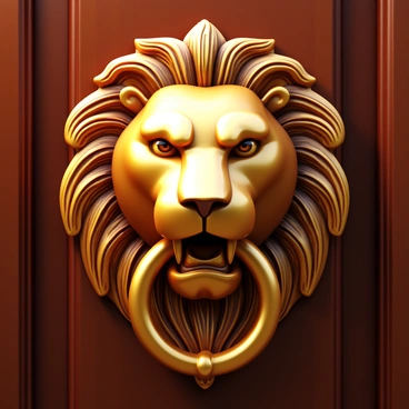 An ornate brass door knocker in the shape of a lion's head with intricate detailing. The lion's mane is deeply textured, showcasing curls and waves. The eyes are expressive and slightly raised, giving a sense of fierceness. The mouth of the lion is slightly open, with a prominent ring for gripping. The brass surface gleams under soft light, revealing both polished and aged areas, emphasizing its craftsmanship. The door knocker is mounted on a large, dark wooden door, which contrasts with the bright brass.