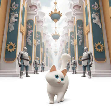 A ragdoll cat, with striking blue eyes and soft, fluffy fur, is walking cautiously through a vast, magical castle. The castle features tall, ornate walls adorned with rich tapestries depicting scenes of ancient battles and mythical creatures. In the background, several knights in shining armor stand guard, their polished suits reflecting the light from the grand chandeliers above. The ragdoll cat's tail is held high, indicating curiosity as it explores the intricate stone arches and colorful banners hanging from the ceilings.
