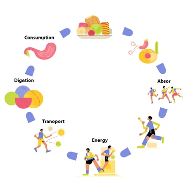 A cycle diagram illustrating the journey of carbohydrates in the body. The diagram features a circular layout with distinct sections. It begins with "Consumption" at the top, showing a plate filled with various carbohydrate-rich foods like bread, pasta, and fruits. The next section labeled "Digestion" includes an image of the stomach breaking down the carbohydrates. The following segment, "Absorption," depicts the carbohydrates entering the bloodstream through the small intestine. The next part, "Transport," shows glucose being carried by the blood to various body cells. Finally, the end section labeled "Energy" features a bright depiction of energized cells and activities like running and jumping to represent the utilization of energy. Each section is connected with arrows to indicate the flow of the process.