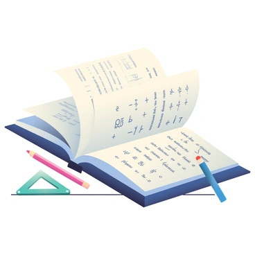 An open book is positioned in the center of the image, with its pages actively flipping, creating a sense of motion. Each page is filled with intricate equations, symbols, and diagrams drawn in fine detail. The book has a dark blue cover and is resting on a wooden surface, which adds warmth to the scene. Soft light highlights the text on the pages, emphasizing the complexity of the equations. A few scattered mathematical tools, such as a protractor and a pencil, are placed around the book, enhancing the academic theme.