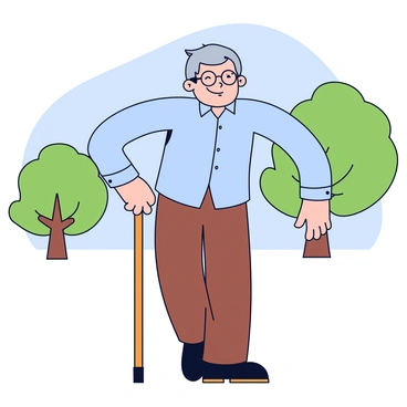 An elderly person with gray hair and glasses is standing outdoors. They are wearing a light blue shirt and brown trousers. The person is using a wooden cane for support. Their face shows a wince, indicating discomfort from elbow pain. The background features a simple park scene with a few green trees and a clear blue sky.