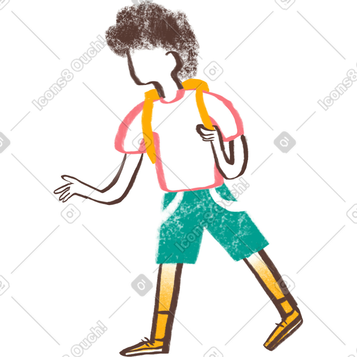 Boy with curly hair walking backpack illustration in Company style download in PNG, SVG