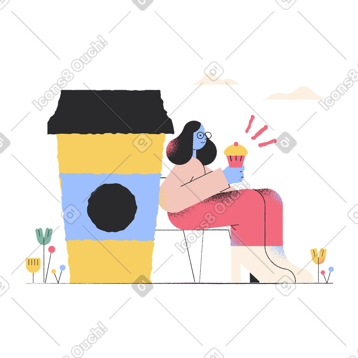 Große kaffeetasse und frau mit cupcake-Illustration im Pablo-Stil als Download in PNG, SVG