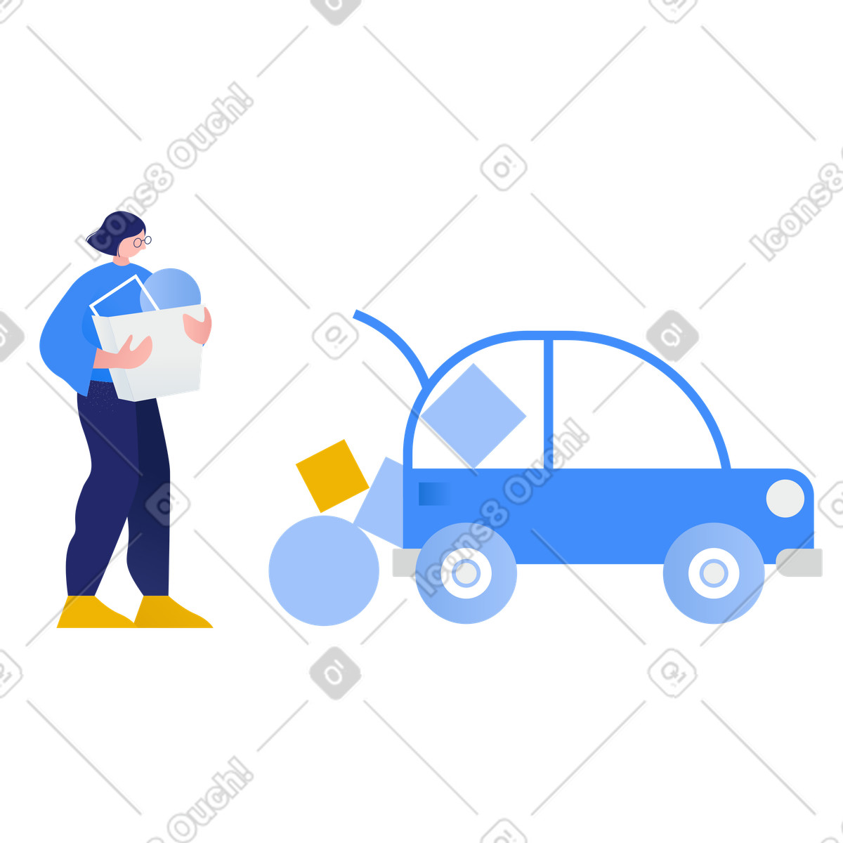 Frau legt dinge in den kofferraum-Illustration im Clip-Stil als Download PNG, SVG
