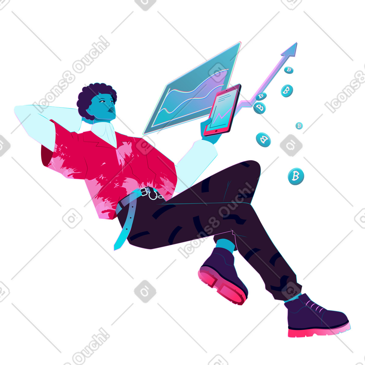 Neon スタイルの Investor watching crypto market trends, Cryptocurrency investment のイラストをPNG、SVG形式でダウンロード