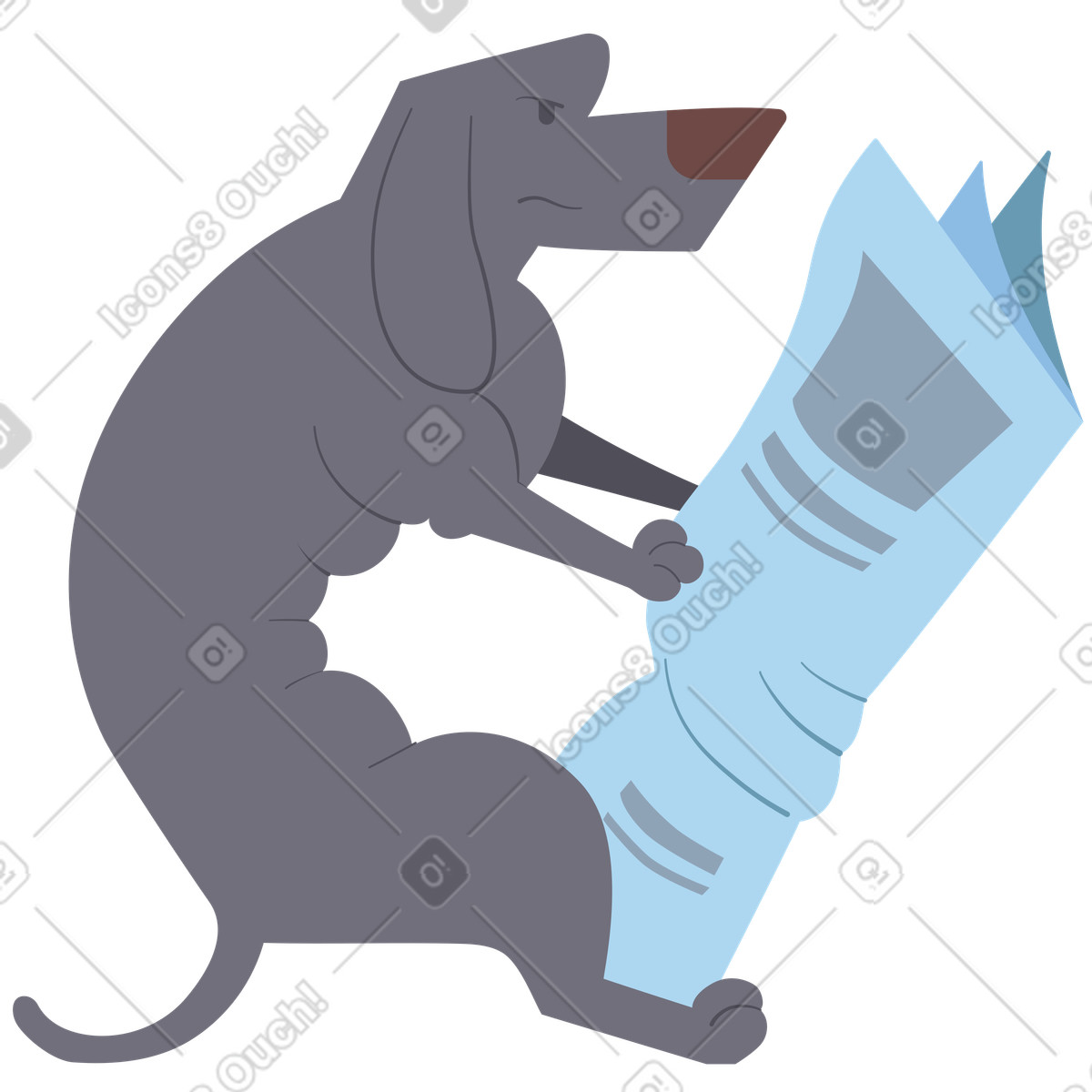 Woof スタイルの 新聞付きダックスフントグレー のイラストをPNG、SVG形式でダウンロード