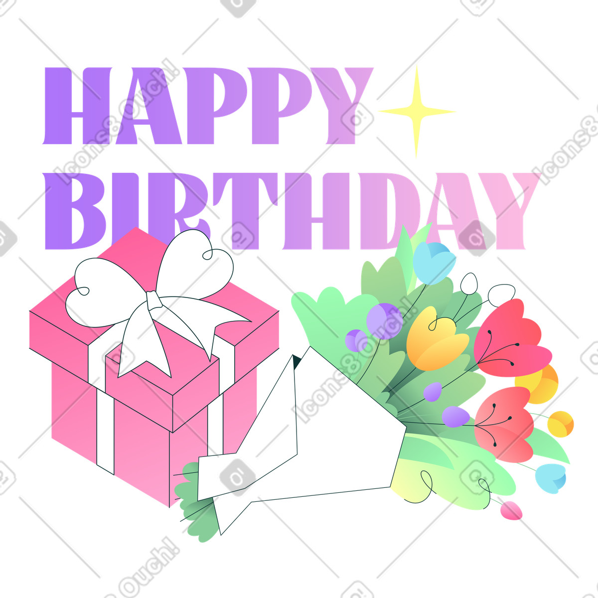 Florid スタイルの Happy birthday greeting with gift box and flower bouquet のイラストをPNG、SVG形式でダウンロード