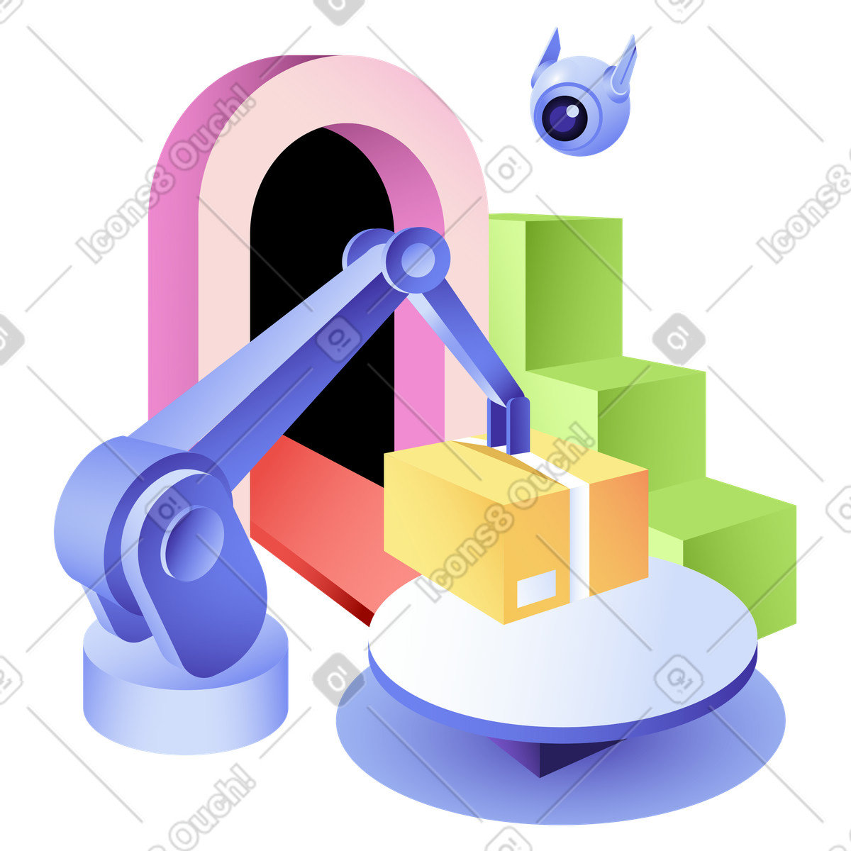 Illustration Commande complétée avec bras robotique et colis dans le style Levels à télécharger aux formats PNG, SVG