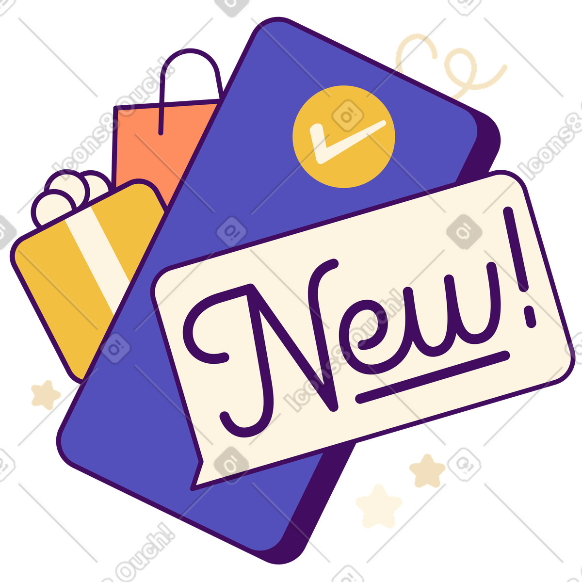 Ilustración animada New lettering with gift and shopping bag, Store promotion update en estilo Simplistic a descargar en GIF, Lottie (JSON), AE