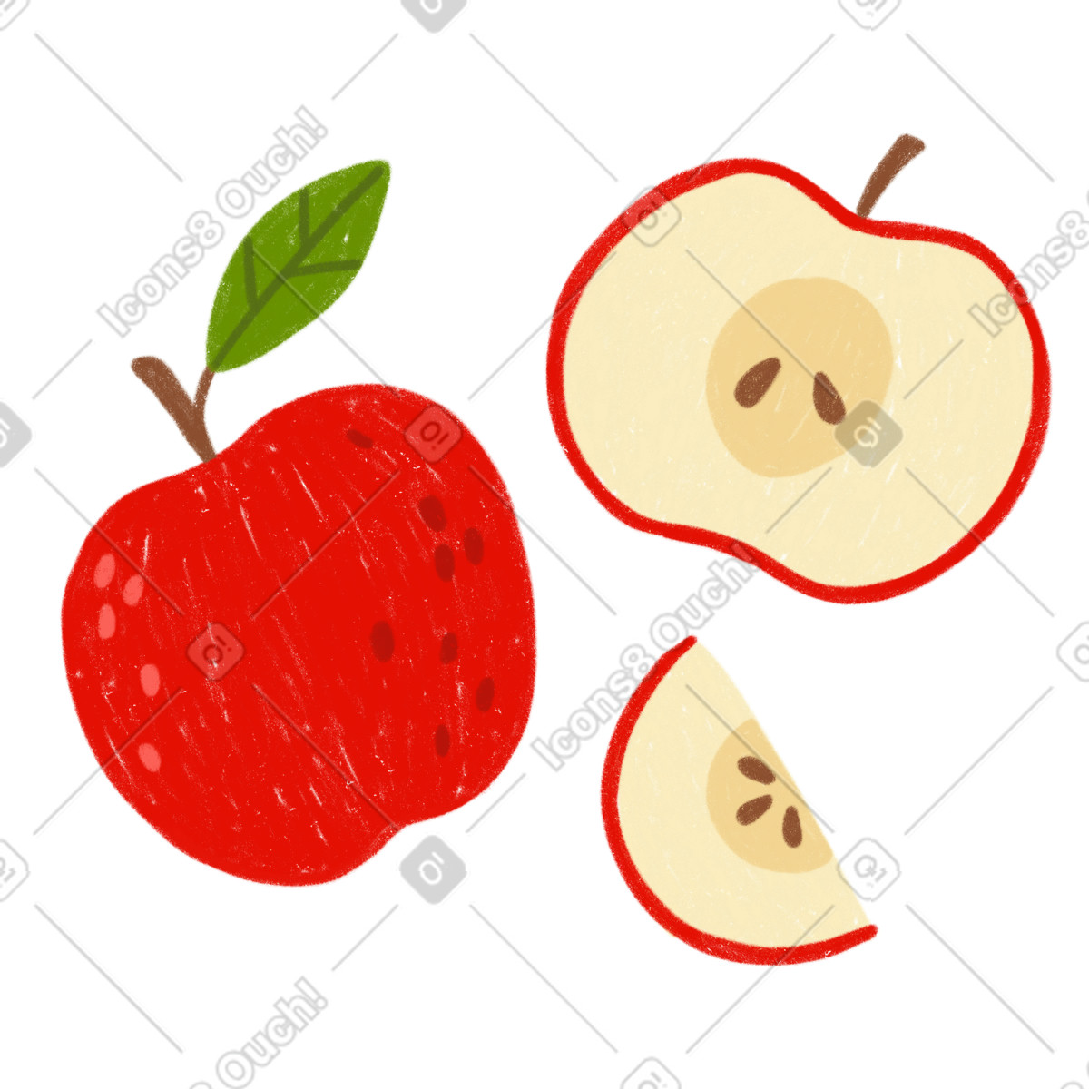 Ilustración Manzana roja con hoja, media y una rodaja de manzana. en estilo Cozy a descargar en PNG SVG