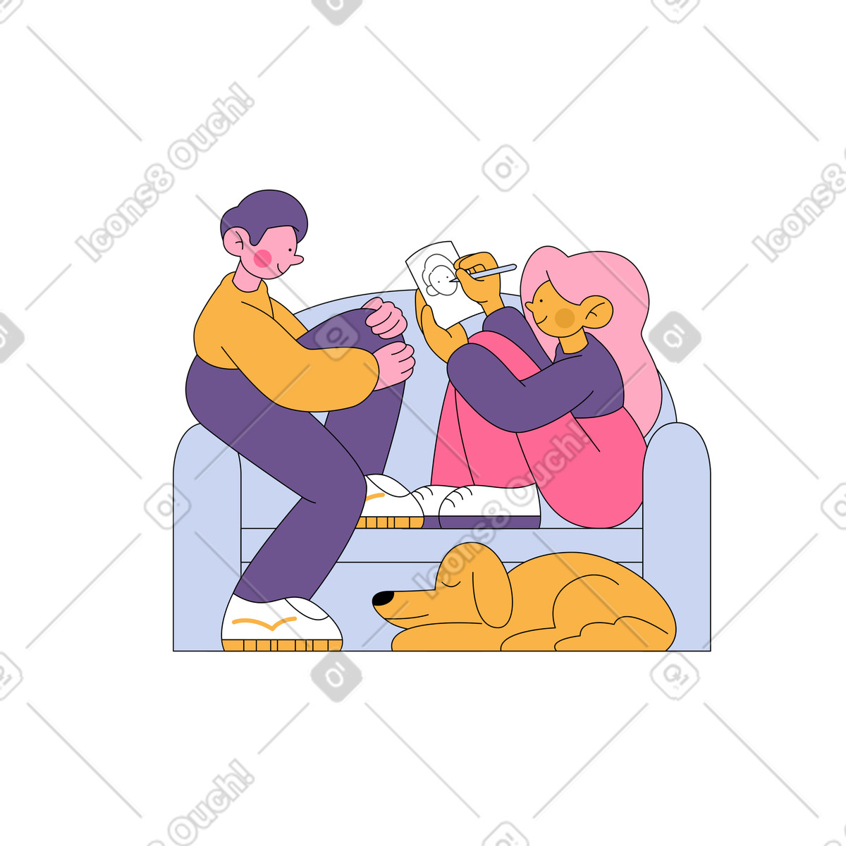 Uomo e donna con cane rilassante sul divano illustrazione in stile Bloom scarica in PNG, SVG