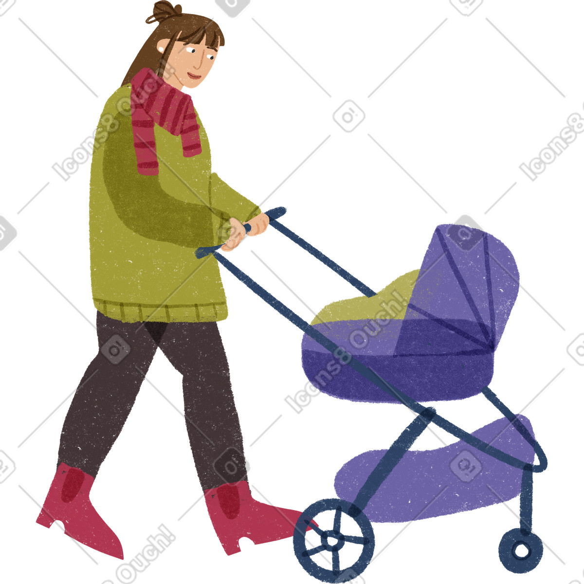 下载 Public 风格的 Woman mother walking with a baby in stroller 插画，支持 PNG、SVG 格式
