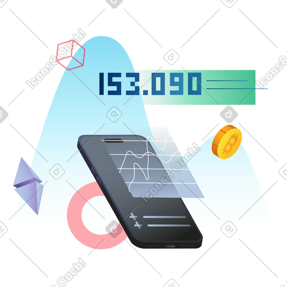 Ilustración Mercado de criptomonedas e intercambio en la pantalla del teléfono estilo Colors a descargar PNG y SVG