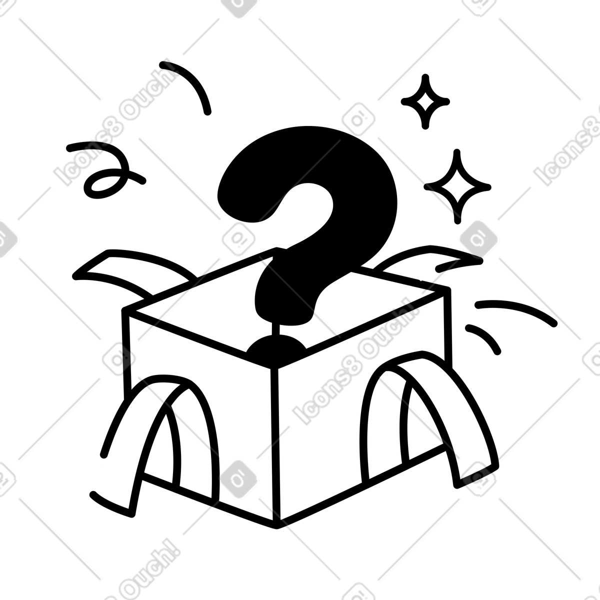 Notion Line Art スタイルの Dog popping out of gift box with sparkling surprise stars のイラストをPNG、SVG形式でダウンロード