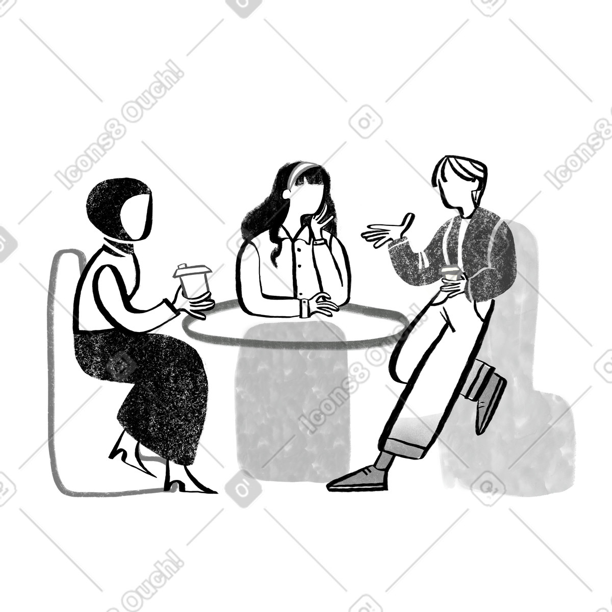 Black and white three women talking while drinking coffee illustration in Company style download in PNG, SVG