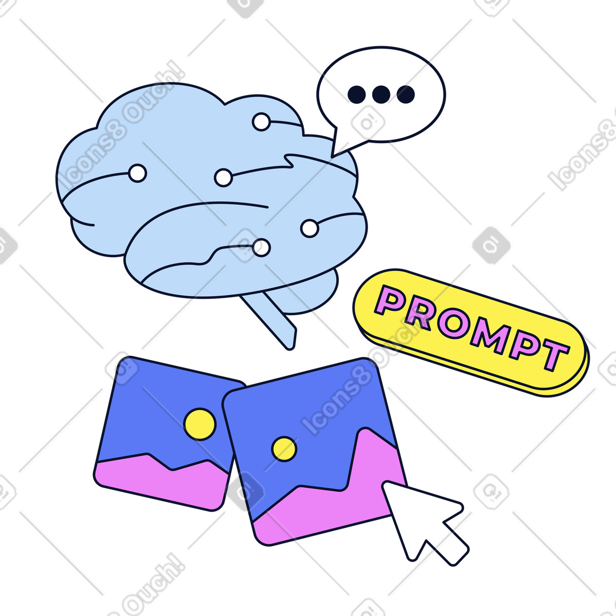 AI brain transforming prompts into images, AI-powered content creation illustration in Flexy style download in PNG, SVG