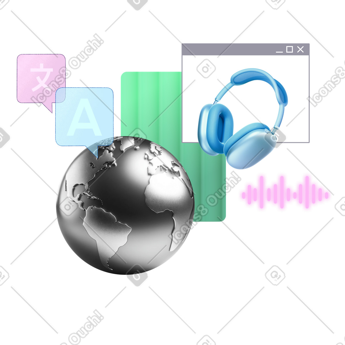 Ilustração de Learn languages with listening lessons em no estilo Chromed para baixar em PNG, SVG