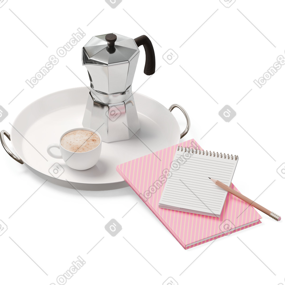 Isometric view of notebooks and tray with cup moka pot illustration in 3D Hygge style download in PNG, SVG