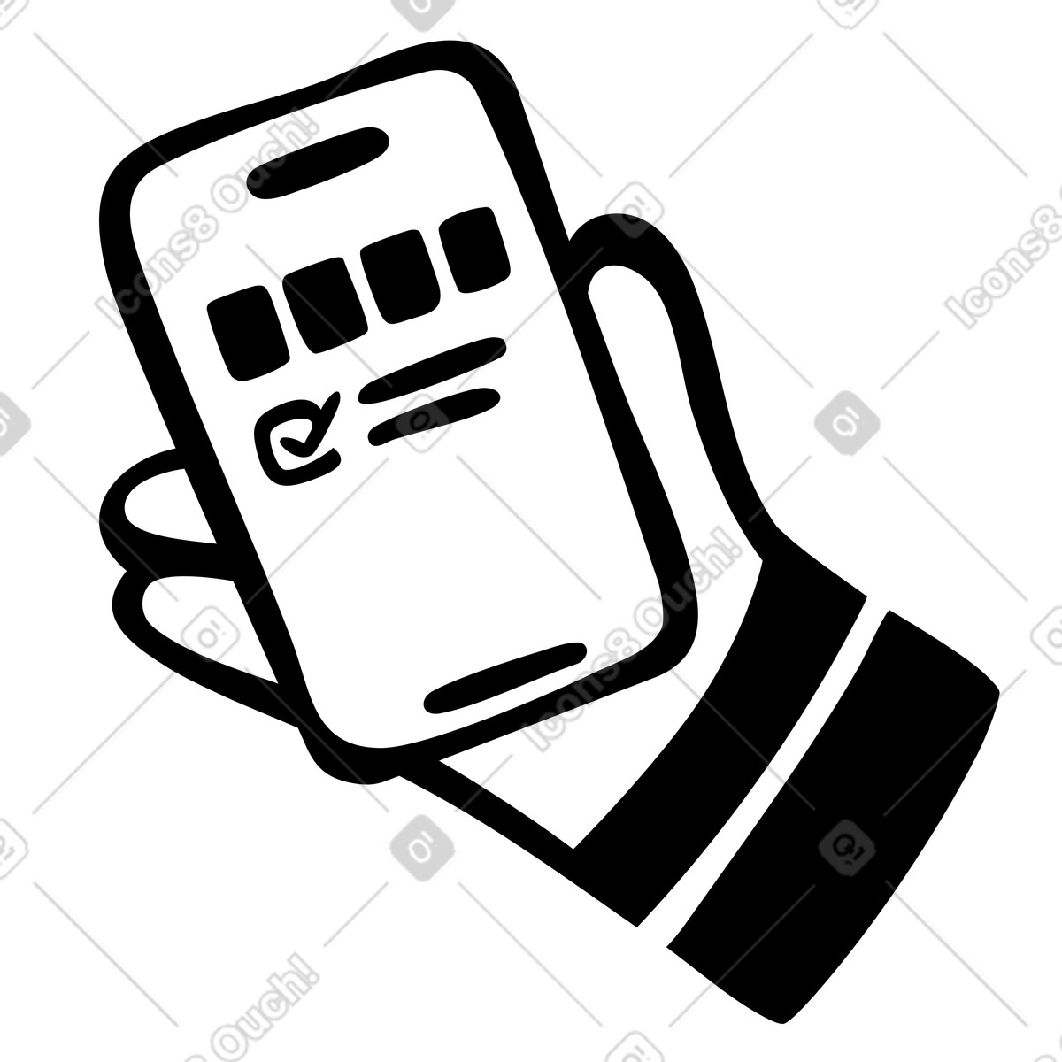 Phone in hand, sms verification code illustration in Journal style download in PNG, SVG