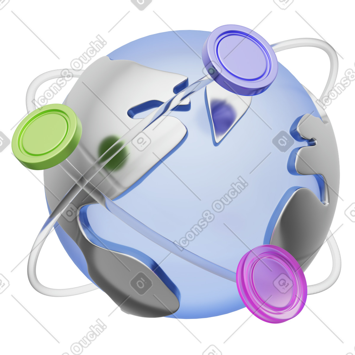 Global crypto network, Coin orbit exchange, Blockchain world illustration in 3D Playful style download in PNG, SVG