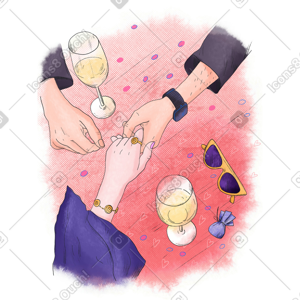 Mann und frau halten sich bei einem date an einem tisch an den h&auml;nden-Illustration in PNG, SVG
