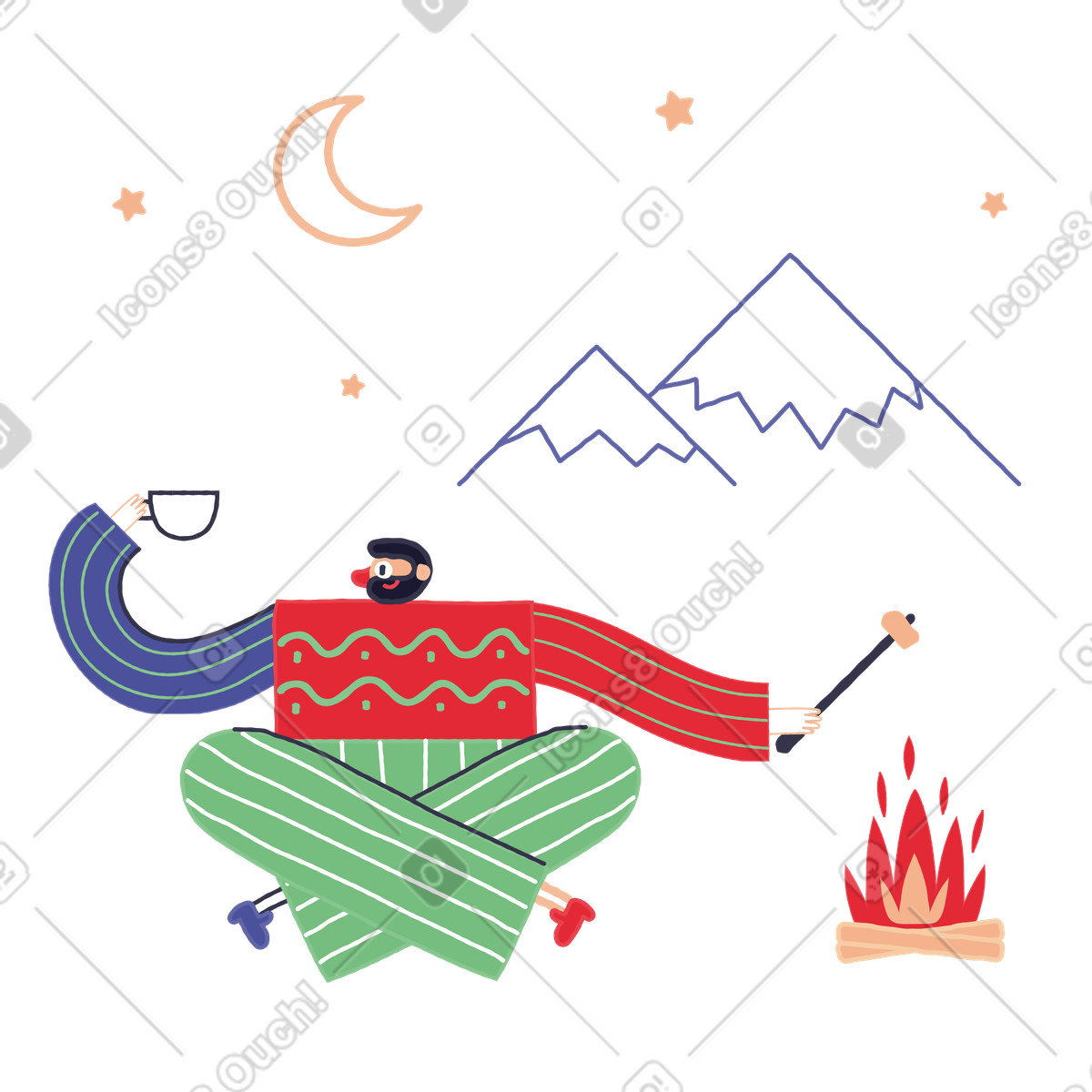 Man toasting marshmallows on a camping trip illustration in Stripy style download in PNG, SVG