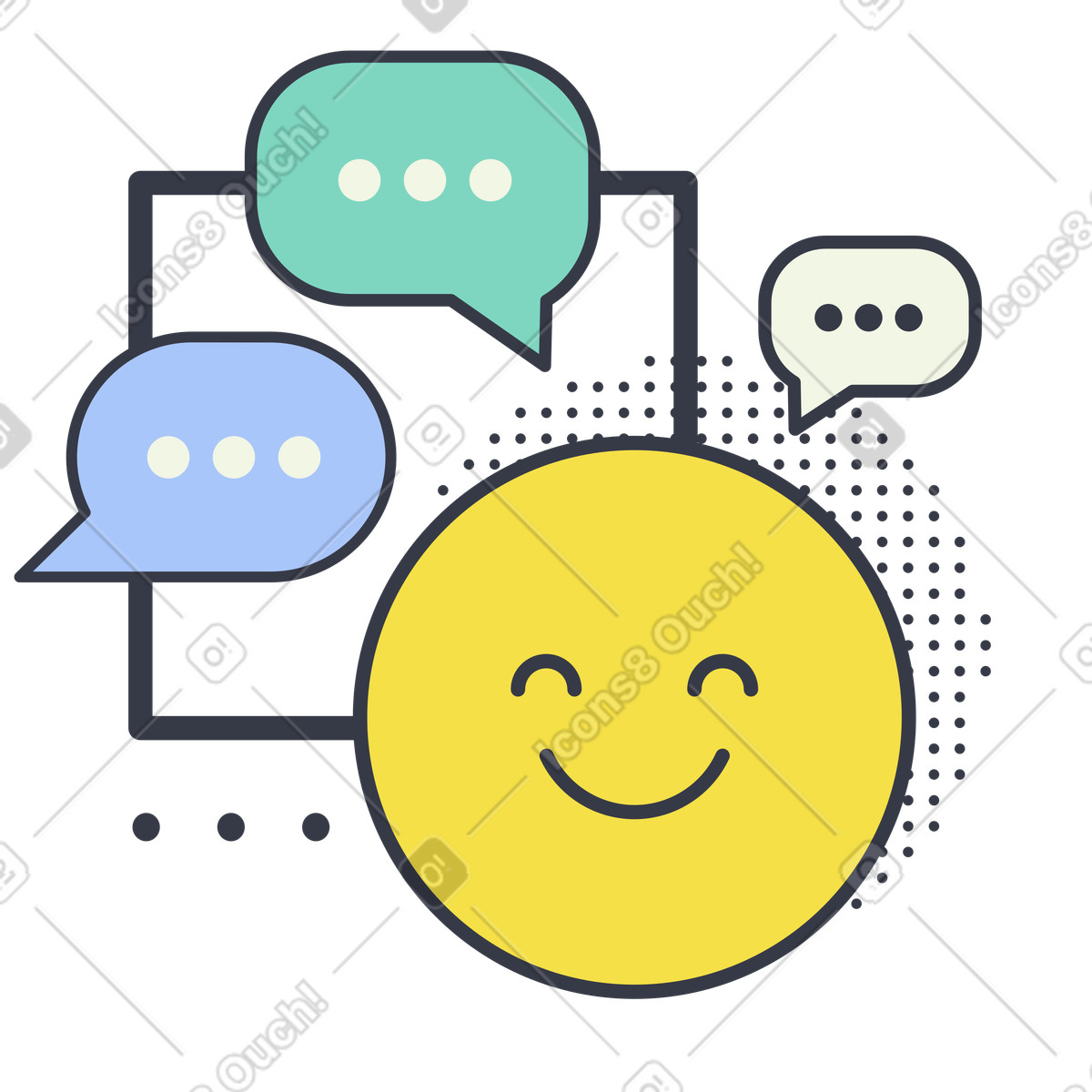 Illustration Emoji souriant avec bulles de discussion, concept messagerie amicale dans le style Abstract à télécharger aux formats PNG, SVG