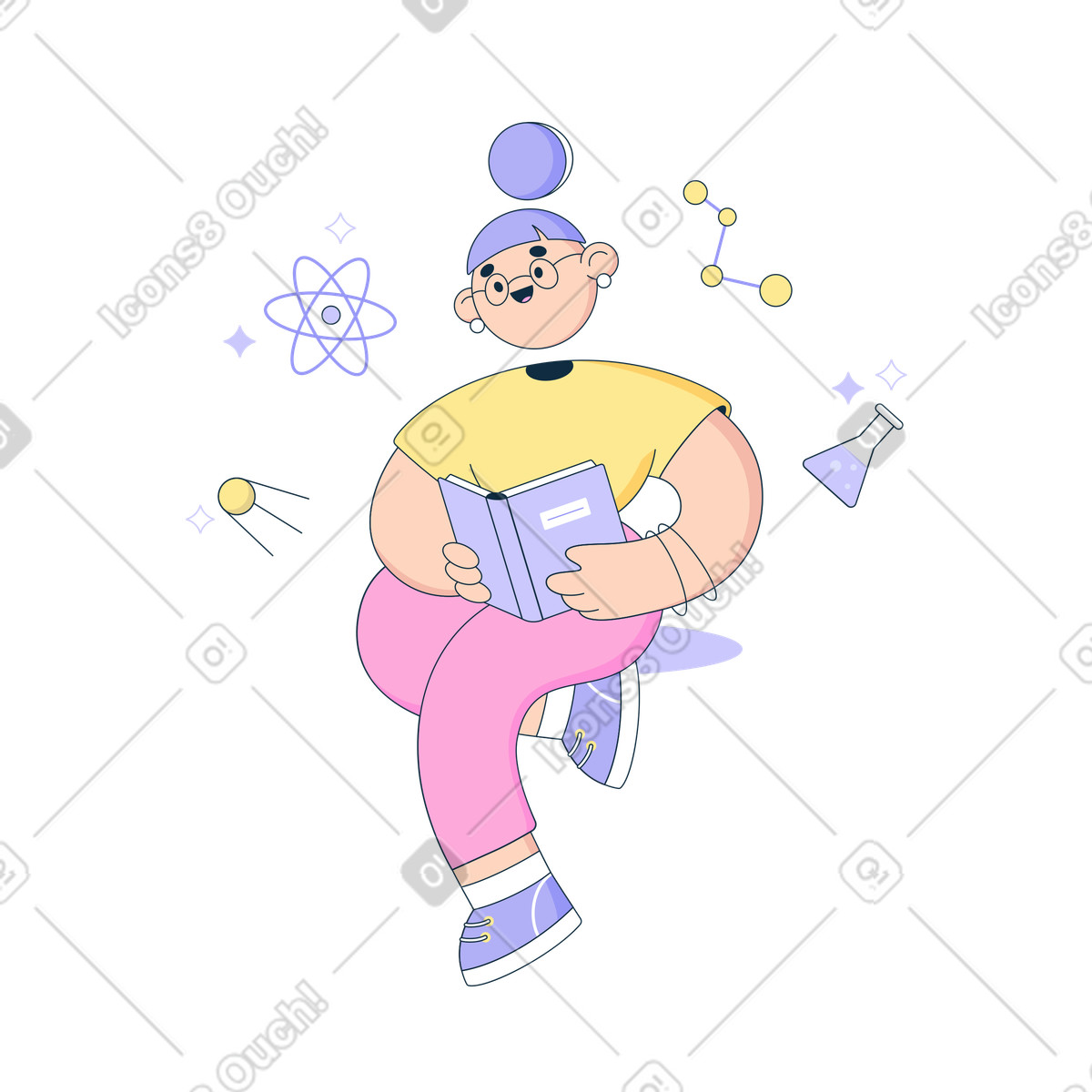 Woman reads a book and studies science illustration in Bubble gum style download in PNG, SVG