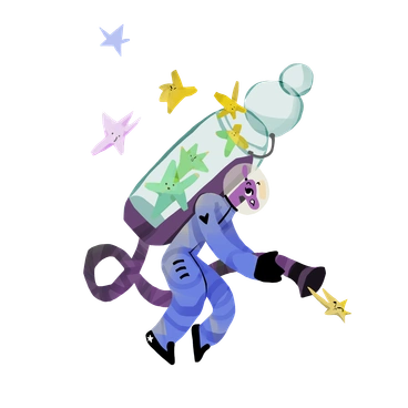 A colorful astronaut with a starry jetpack - Atomic style illustration