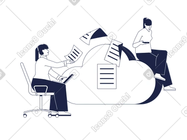 Woman with laptop on her lap sends documents to cloud storage PNG, SVG