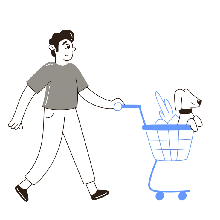 A person pushing a shopping cart with a dog - Plain style illustration