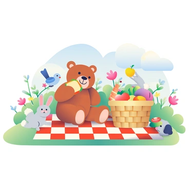 A cheerful scene depicts animals gathered for a picnic in a vibrant, sunlit meadow. A brown teddy bear is sitting on a red and white checkered blanket, holding a sandwich in one paw. Beside the bear, a rabbit with white fur and long ears is munching on a carrot. A small squirrel with a bushy tail is reaching for a bright yellow apple, while a bluebird perched on a nearby branch chirps happily. A picnic basket filled with various fruits and snacks is placed next to the blanket. In the background, colorful wildflowers are swaying gently in the breeze under a clear blue sky.