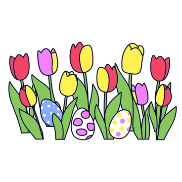 A vibrant field filled with tulips of various colors including red, yellow, and pink. The tulips stand tall with green stems and leaves stretching towards the sky. Scattered among the flowers are several Easter eggs, each with distinct patterns and colors such as polka dots and stripes. The eggs are partially hidden among the tulip blooms, creating a playful and festive atmosphere.
