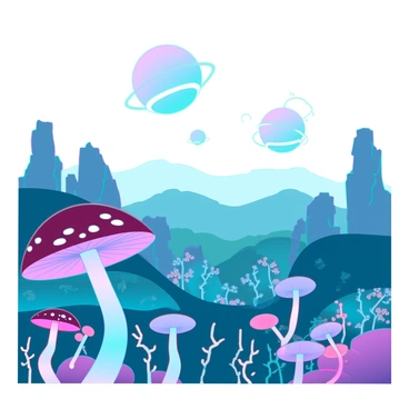 A surreal alien landscape with rolling hills and unusual rock formations. The ground is covered with vibrant, bioluminescent plants in varying shapes and sizes, some resembling oversized mushrooms and others resembling twisting vines. In the sky above, multiple hovering orbs of different colors and sizes drift lazily, casting soft glows on the landscape below. The atmosphere is filled with a subtle haze, enhancing the otherworldly feel of the scene.