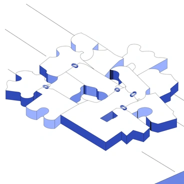 A puzzle game is presented on a wooden table. The game consists of various interlocking pieces, each shaped differently. Each piece is connected to others by tiny carabiners, which are fastened at different points along the edges. The carabiners are shown as distinct, intricate fasteners, securing the pieces together. The arrangement of the pieces forms a complex design, showcasing the interconnectivity of the puzzle. The scene captures the tactile and strategic nature of the game, inviting the viewer to engage with the assembly of the pieces.