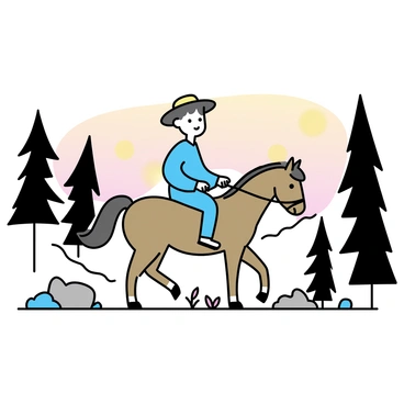 A rider on a brown horse is walking along a mountain trail. The rider, wearing a light blue jacket and a wide-brimmed hat, appears relaxed and content. The horse has a shiny coat and a flowing mane. The mountain trail is surrounded by tall trees and rocky outcrops. The sky above is filled with warm hues of orange and pink, indicating a sunrise. Soft light filters through the branches, illuminating parts of the trail. A few wildflowers can be seen along the path, adding color to the serene scenery.