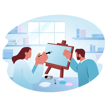 Two conservators are focused on restoring an old painting in a museum lab. One conservator is using a fine brush to touch up areas of the painting, while the other is observing closely, holding a light source to examine the artwork for any damages. The painting is displayed on a wooden easel, surrounded by various tools such as brushes, palettes, and tubes of paint. There are shelves filled with reference books and historical texts in the background, and soft lighting illuminates the workspace. A large window allows natural light to filter in, reflecting off the walls adorned with art supplies.