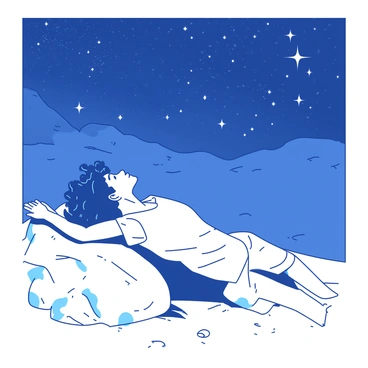 A person with curly hair is lying on a large, rough-textured rock in a vast desert landscape. The person's arms are stretched out beside them, and they are wearing a light-colored shirt. Their gaze is directed upwards, taking in the expansive, clear night sky filled with numerous bright stars. The desert sand around the rock is fine and golden, contrasting with the dark blue and white of the starry sky above. A soft breeze is subtly moving the person's hair, adding to the serene atmosphere of the scene.