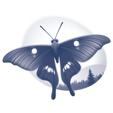 The silhouette of a "luna moth" with its characteristic elongated wings and large, rounded tips is prominently displayed. The moth's wings feature the distinctive eye spots, capturing the overall shape and form. The background is a "twilight sky" transitioning from deepening shades of light to dark, with subtle variations in tone suggested by the silhouettes of distant trees at the horizon. The overall composition emphasizes the contrast between the moth and the fading light of the evening sky.
