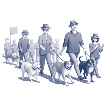 A lively parade scene featuring various dogs and their owners walking together. Each owner is wearing a "fedora" that matches their dog’s hat, creating a coordinated look. The dogs vary in size and breed, showcasing a range of fur textures and expressions, some with wagging tails, others playfully barking. The owners exhibit joyful expressions as they walk alongside their pets, some holding leashes in personalized styles. The setting includes spectators watching the parade, some taking photos, while banners or decorations add to the festive atmosphere.