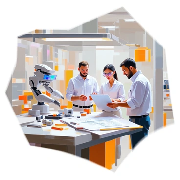 A spacious workshop is filled with various tools and equipment for engineering. In the center, a group of engineers, two men and a woman, are focused on designing a high-tech prosthetic limb. The woman has dark hair pulled back and is wearing safety goggles as she examines detailed schematics on a tablet. One man, with light skin and a beard, is holding a 3D model of the prosthetic limb, while the other man, with short dark hair, is adjusting a mechanical part on a workbench. Various components and prototypes are scattered across the tables, and bright overhead lights illuminate the workspace.