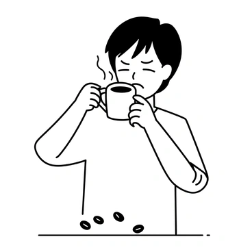 A person holding a steaming cup of coffee with both hands, bringing it close to their lips. Their facial expression shows a grimace, with their eyebrows furrowing and their eyes squinting. The person has short hair and is wearing a casual t-shirt. The background features a small table with a few scattered coffee beans, emphasizing the focus on the coffee cup.