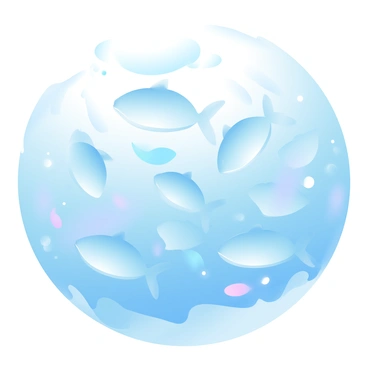 A large group of krill is swimming together in formation, moving through the deep blue ocean water. The krill have translucent bodies with a slight glow, reflecting the ambient light from above. Surrounding the krill, the vast ocean currents create ripples and waves, showing the movement of water. Various small fish are seen darting in and out among the krill, while a gentle gradient of pastel colors is present in the water, transitioning from soft blues to light greens. Above, faint rays of sunlight penetrate the surface, illuminating parts of the underwater scene.