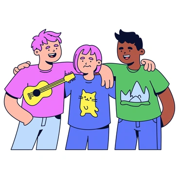 A group of three friends standing closely together, all smiling and laughing. The first friend is wearing a bright red shirt with a bold graphic of a guitar, showcasing their love for music. The second friend is dressed in a blue shirt featuring a whimsical design of a cat, reflecting their playful personality. The third friend sports a green shirt with a nature-inspired print of trees and mountains, highlighting their passion for the outdoors. The friends are positioned against a simple, solid color background, emphasizing their joyful expressions and unique shirt designs.