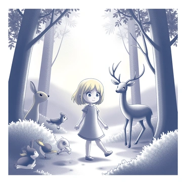 A young girl with golden hair is walking through a dense forest. She is wearing a simple dress and has a curious expression on her face. Surrounding her are several friendly forest animals. A cheerful deer stands nearby, looking towards her with gentle eyes. A curious rabbit is peeking out from behind a bush, its ears perked up. A small group of birds is perched on a low-hanging branch, chirping playfully. Sunlight filters through the tree canopy above, creating dappled light patterns on the forest floor covered with leaves and small flowers. The scene captures a moment of exploration and harmony in nature.